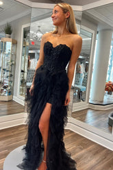 Black Prom Dress Appliques Sweetheart Tulle Evening Dress with Slit
